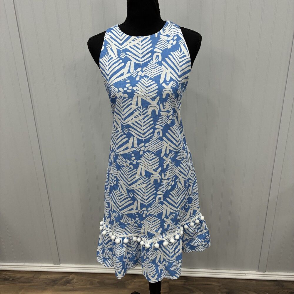 CK Bradley Womens Large Blue White Palm Leaf Print Pom Pom Hem Sleeveless Dress